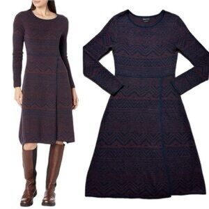 Prana Cascade Wool Blend Navy Burgundy Fair Isle Nordic Knit Sweater Dress XL